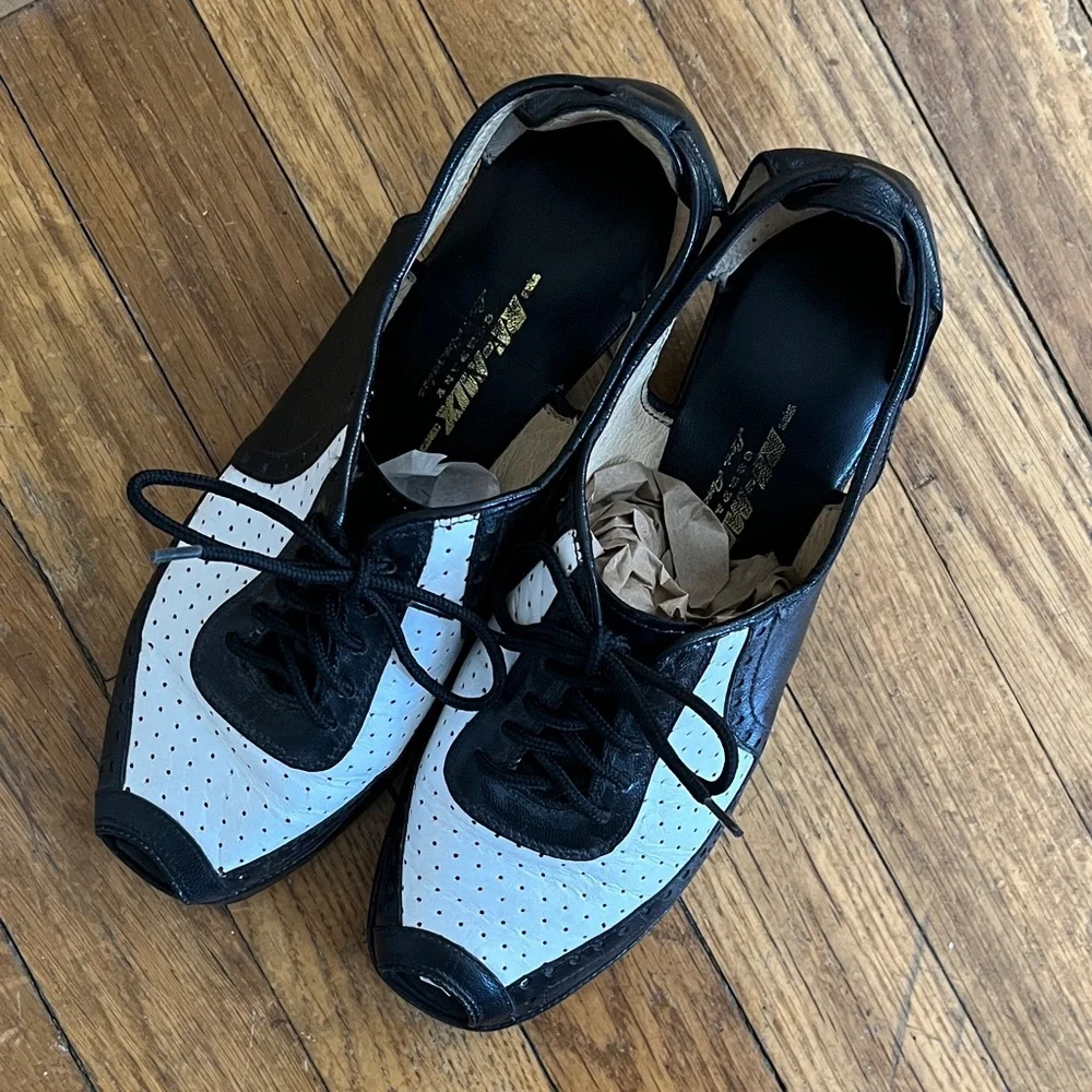 Women's Black and White Lace-Up Wedge Shoes - Picture 2 of 13